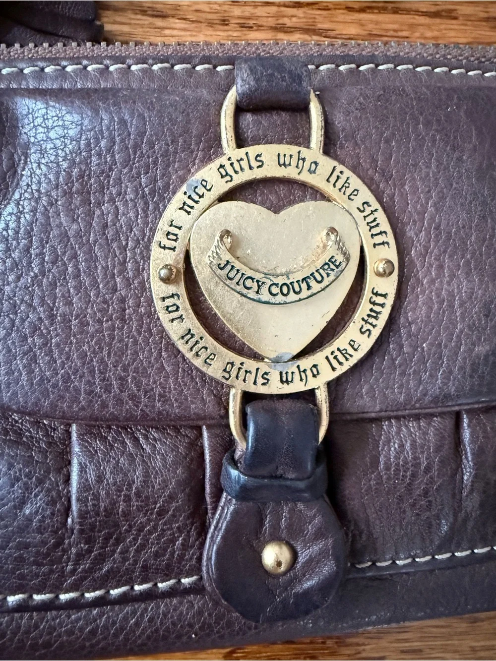 Vintage Y2K Juicy Couture Brown Leather Wristlet Clutch with Logo Medallion - Picture 3 of 8